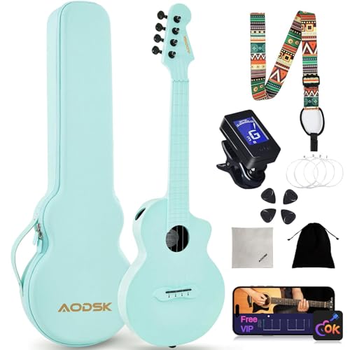 AODSK Concert Ukulele for Adult Kids Beginners Kit,23 inch Carbon Fiber Travel Ukulele with Beginner Kit with Case,Pick,Strap,Strings.Ukulele Lessons(Black Blue Pink Orange White Randomly Shipped)