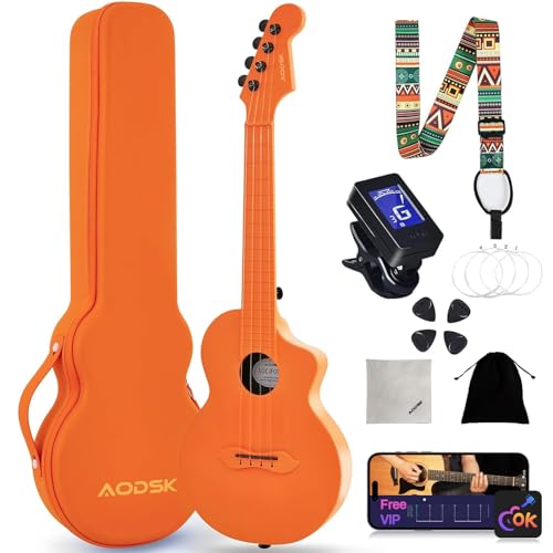 AODSK Concert Ukulele for Adult Kids Beginners Kit,23 inch Carbon Fiber Travel Ukulele with Beginner Kit with Case,Pick,Strap,Strings.Ukulele Lessons(Black Blue Pink Orange White Randomly Shipped)