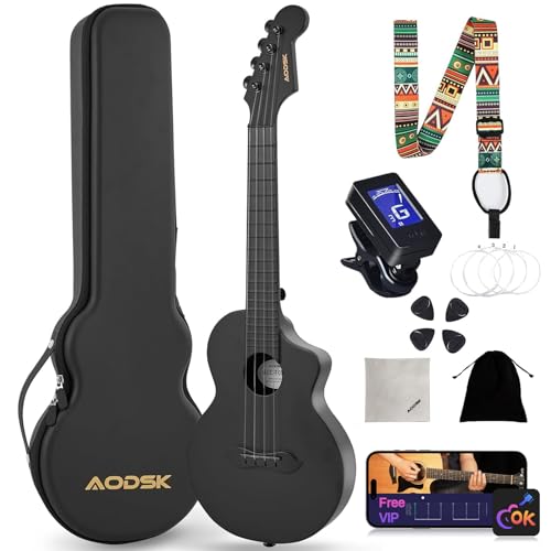 AODSK Concert Ukulele for Adult Kids Beginners Kit,23 inch Carbon Fiber Travel Ukulele with Beginner Kit with Case,Pick,Strap,Strings.Ukulele Lessons(Black Blue Pink Orange White Randomly Shipped)