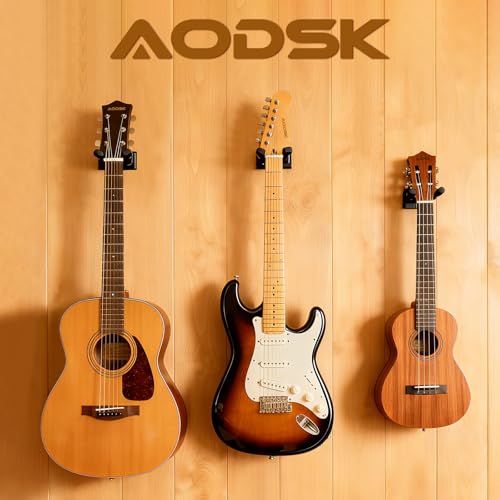 AODSK Guitar Wall Mount 3 Pack, Auto Lock Guitar Wall Hangers ,for Acoustic and Electric Guitar, Ukulele, Bass, Banjo and Mandolin,Guitar Accessories,Black