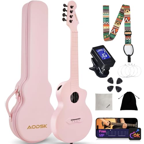 AODSK Concert Ukulele for Adult Kids Beginners Kit,23 inch Carbon Fiber Travel Ukulele with Beginner Kit with Case,Pick,Strap,Strings.Ukulele Lessons(Black Blue Pink Orange White Randomly Shipped)