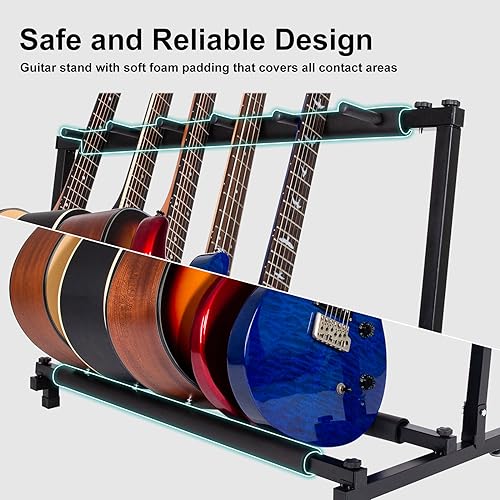 AODSK 7 Multi Guitar Stand Rack with Folding Design, Multiple Guitars Stand, Portable Black Guitar Holder, Black Guitar Display Holder for Guitar & Bass,Studio & Home (7 Guitars)