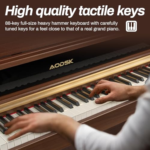 AODSK 88-Key Digital Piano, Heavy Hammered Keyboard, Upright Design, Brown Woodgrain Case, Comes with Headphones & Online Lessons