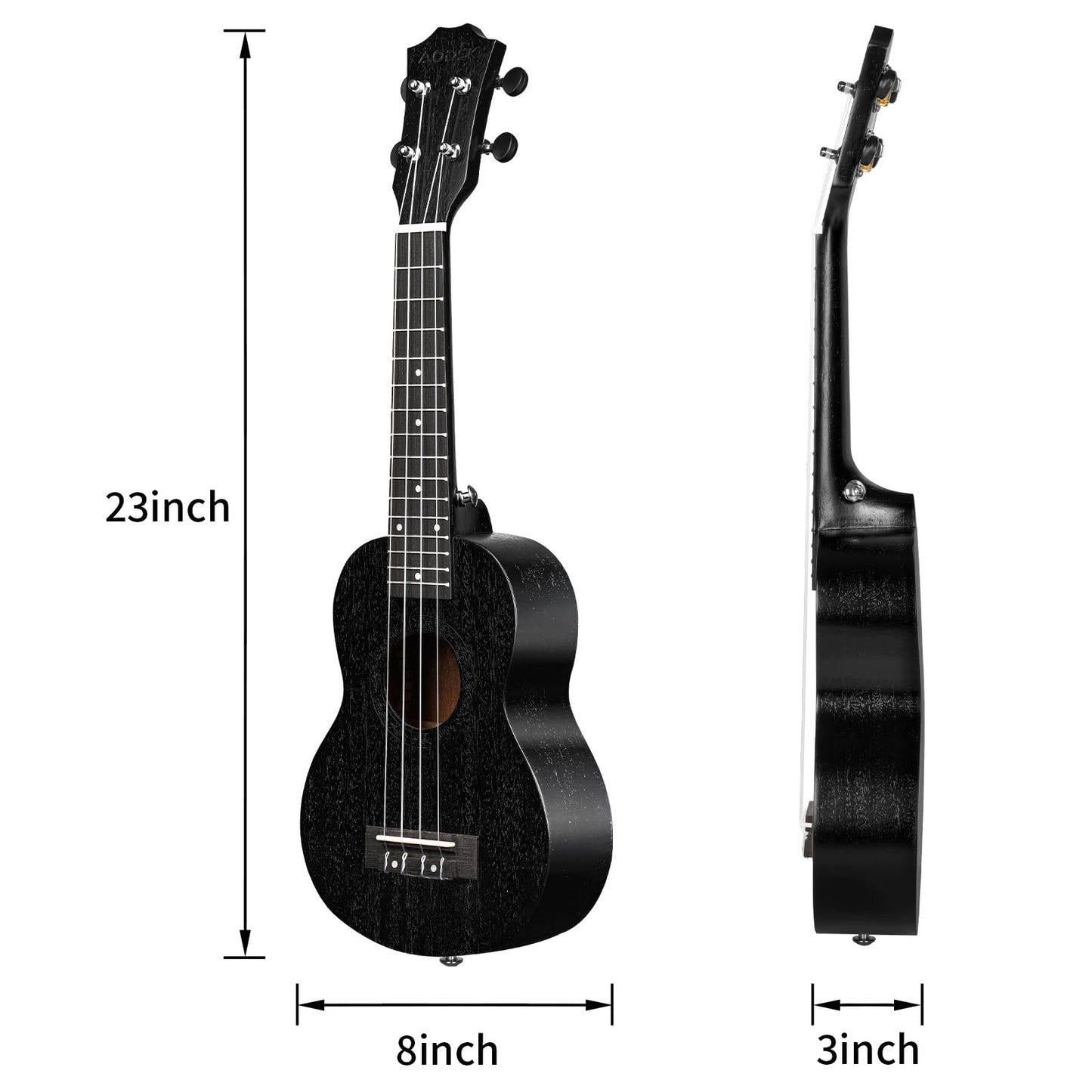 AODSK Concert Black Ukulele for Beginner 23 Inch Uke with Gig Bag Strap Nylon String 4 Picks Holiday Gift
