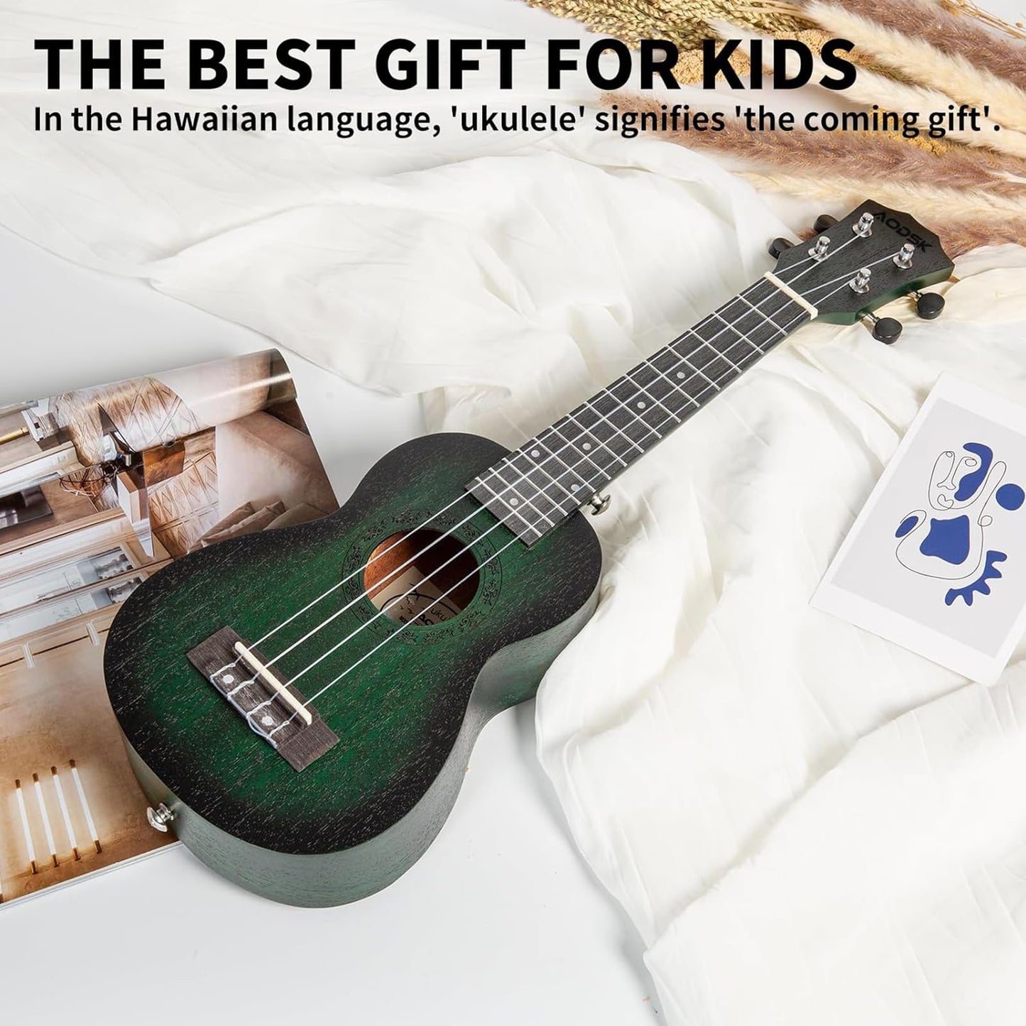 AODSK Concert Green Ukulele for Beginner 23 Inch Uke with Gig Bag Strap Nylon String 4 Picks Holiday Gift