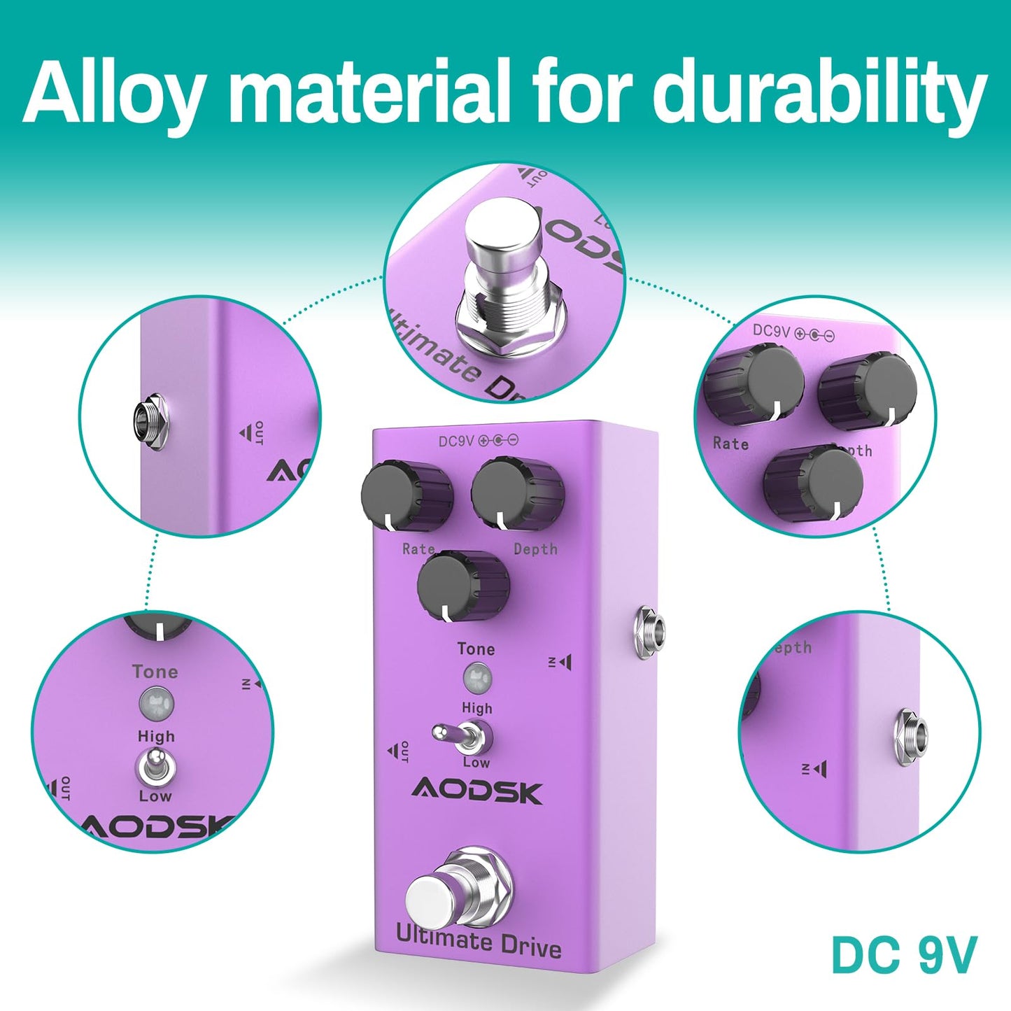 AODSK Electric Guitar Effect Pedal, Ultimate Drive, Tone, Rate, Depth,True Bypass, 9V DC
