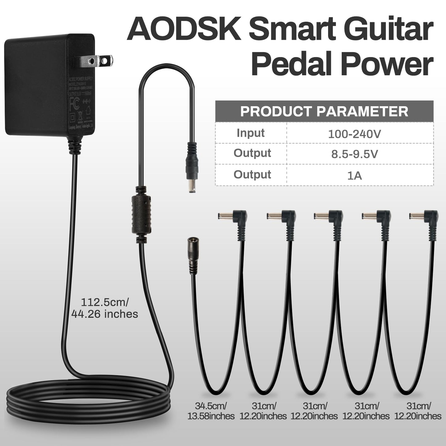 AODSK Guitar Pedal Power Supply Adapter,Guitar Pedal Power Supply Adapter 9V DC 1A,5 Way Daisy Chain Cables