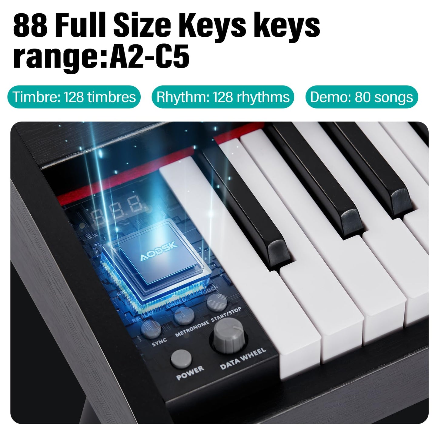 AODSK Beginner Digital Piano 88 Key Keyboard,Full-size Electric Piano for Beginners,with Sheet Music Stand,Pedal,Power Adapter,Headphone Mode,USB-MIDI,Piano Lessons,Black,-Comes with headphones