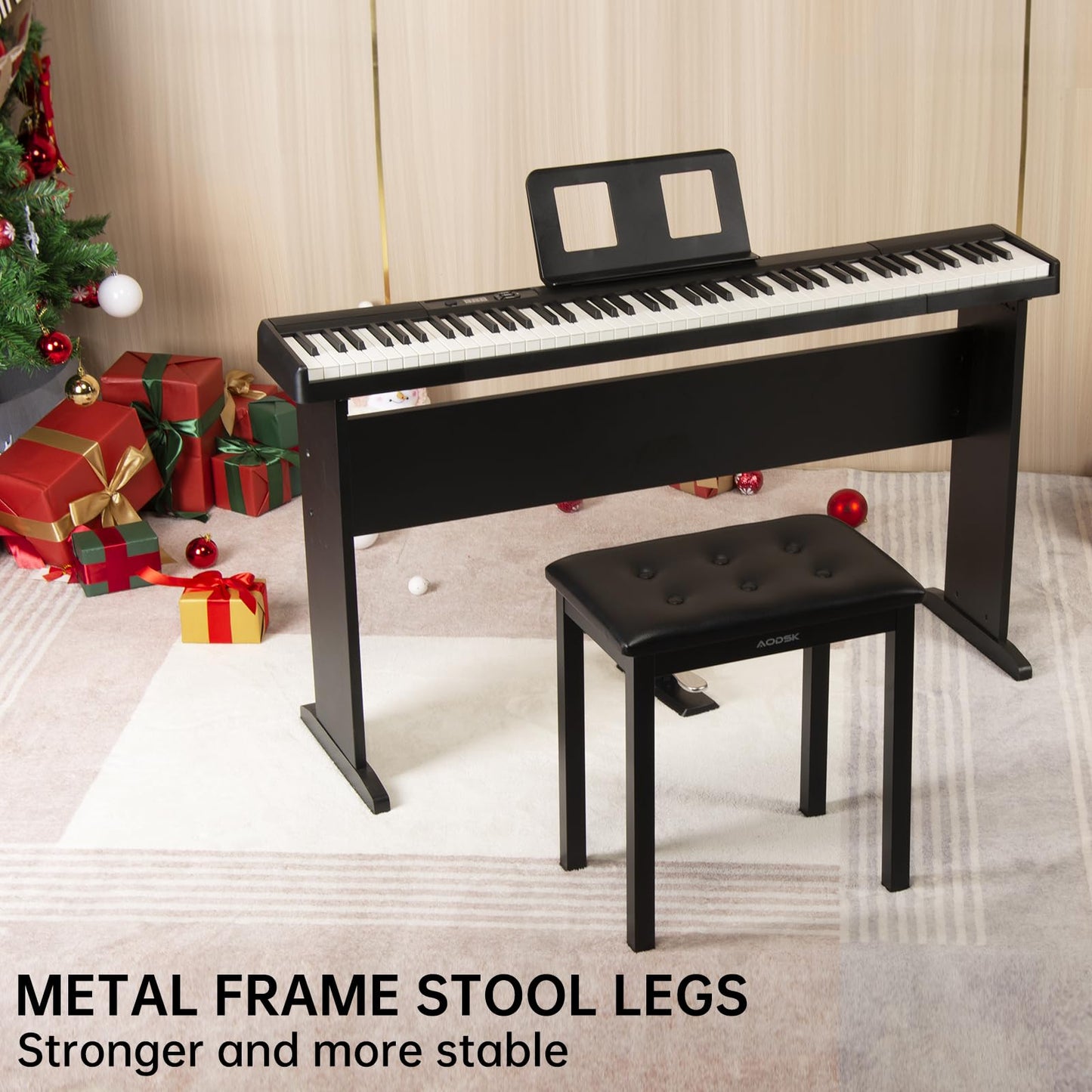 AODSK Piano Bench with Padded Cushion,Iron Leg Material Keyboard Bench,Stronger and More Stable Comfortable PU Leather Piano Chair Seat,17.72''x11.61''x19.49''-Black