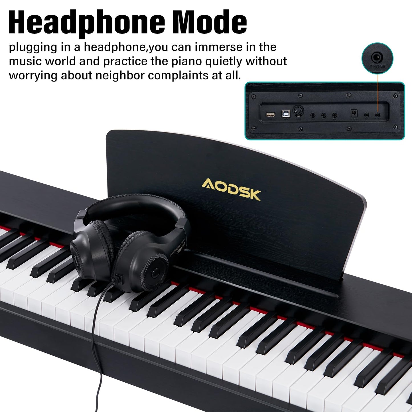 AODSK Beginner Digital Piano 88 Key Keyboard,Full-size Electric Piano for Beginners,with Sheet Music Stand,Pedal,Power Adapter,Headphone Mode,USB-MIDI,Piano Lessons,Black,-Comes with headphones