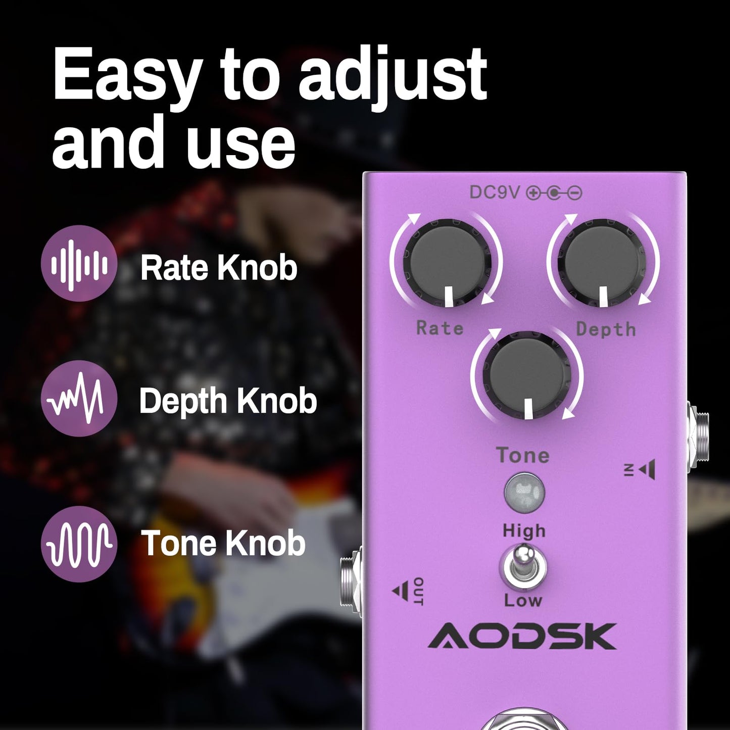 AODSK Electric Guitar Effect Pedal, Ultimate Drive, Tone, Rate, Depth,True Bypass, 9V DC