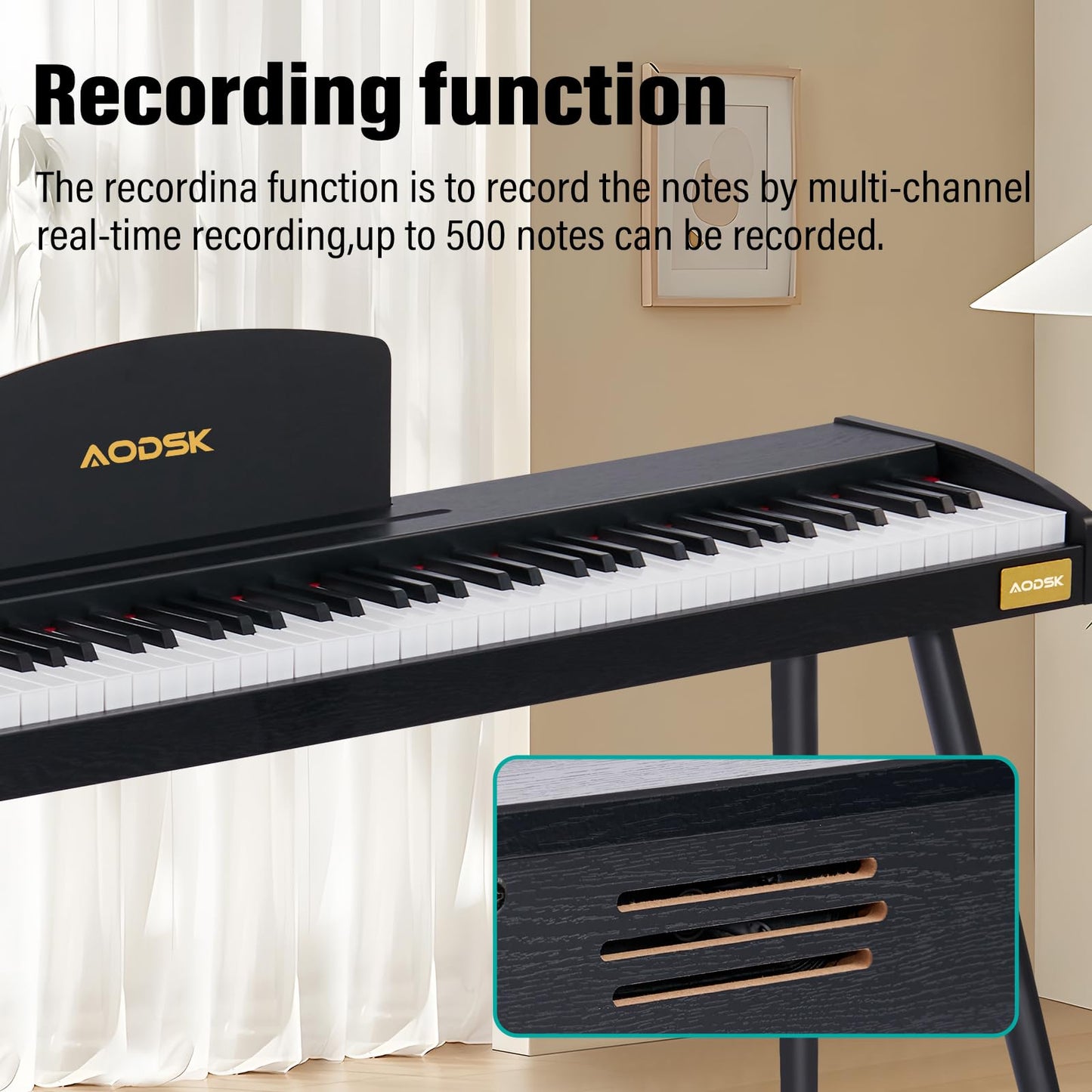 AODSK Beginner Digital Piano 88 Key Keyboard,Full-size Electric Piano for Beginners,with Sheet Music Stand,Pedal,Power Adapter,Headphone Mode,USB-MIDI,Piano Lessons,Black,-Comes with headphones