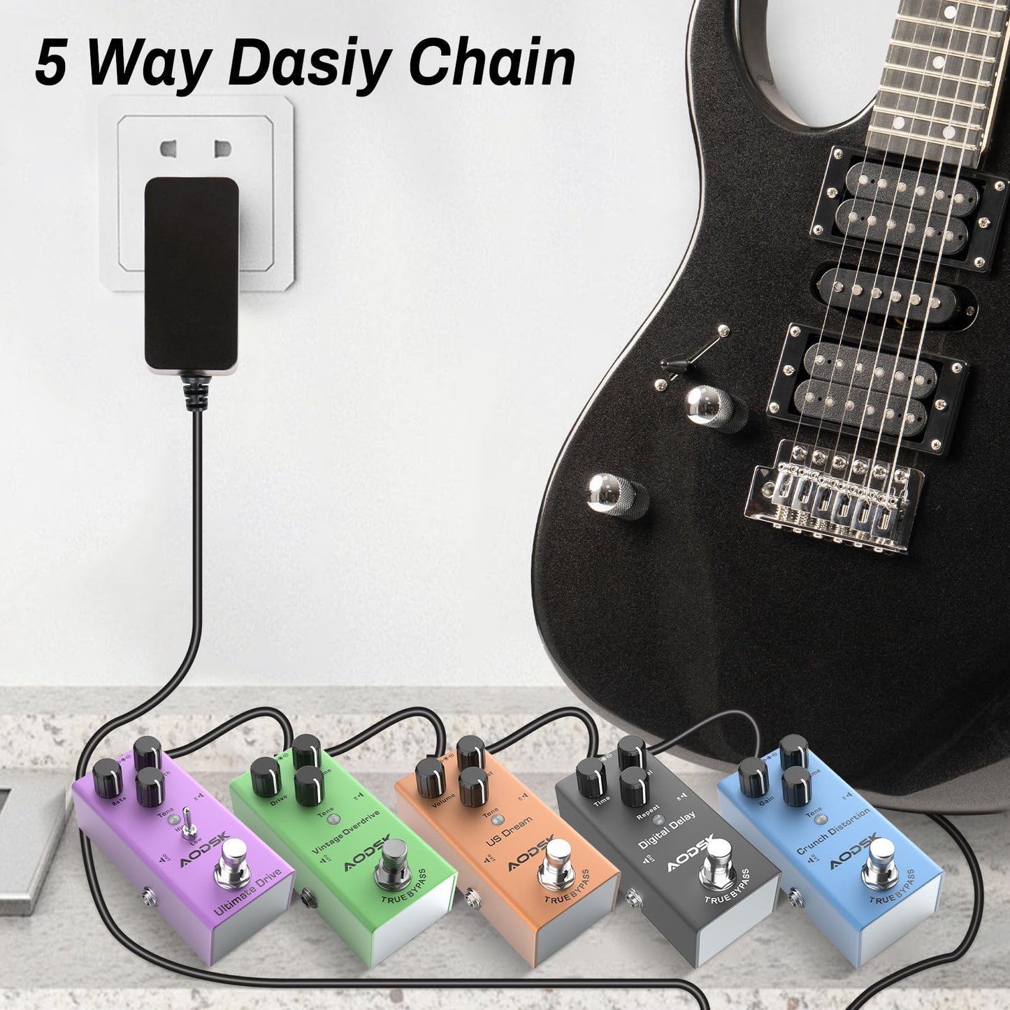AODSK Guitar Pedal Power Supply Adapter,Guitar Pedal Power Supply Adapter 9V DC 1A,5 Way Daisy Chain Cables