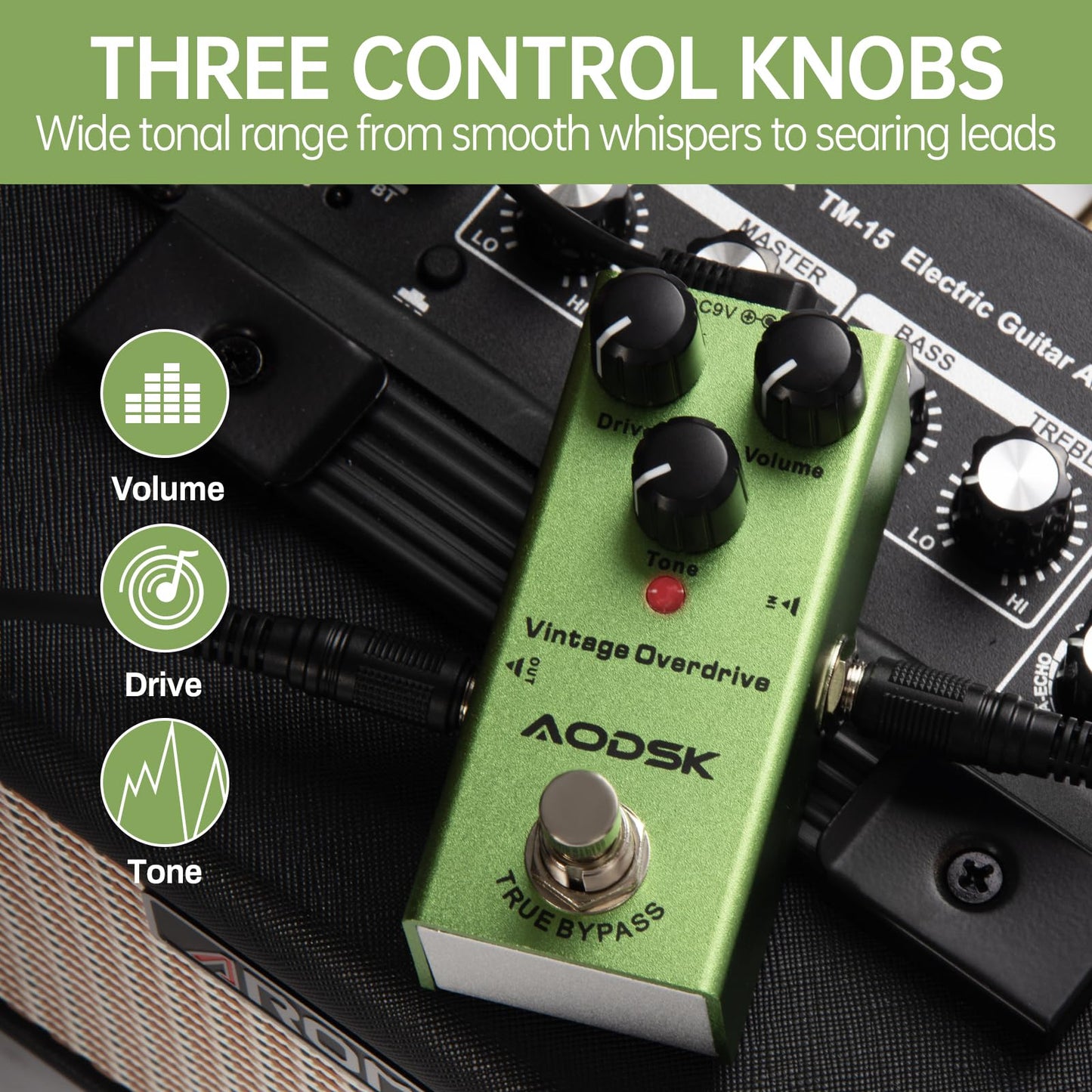 AODSK Electric Guitar Effect Pedal, Vintage Overdrive, Tone, Drive, Volume Adjustable, True Bypass, 9V DC