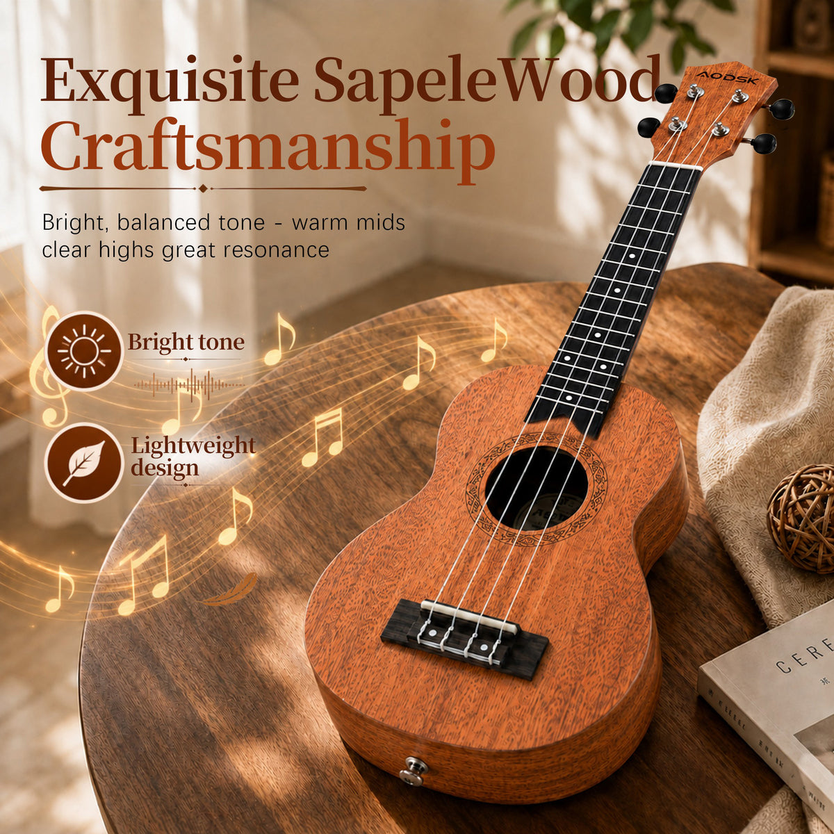 AODSK Soprano Ukulele for Beginner 21 Inch Matte Sapele Wood Beginner Kit with Bag & Accessories