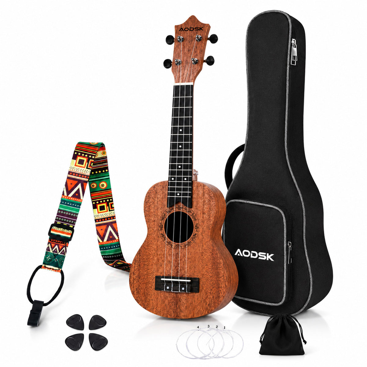 AODSK Soprano Ukulele for Beginner 21 Inch Matte Sapele Wood Beginner Kit with Bag & Accessories