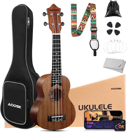 AODSK Soprano Ukulele for Beginner 21 Inch Ukelele Kit with Gig Bag Nylon String 4 Picks Cloth Online Lesson Holiday Gift