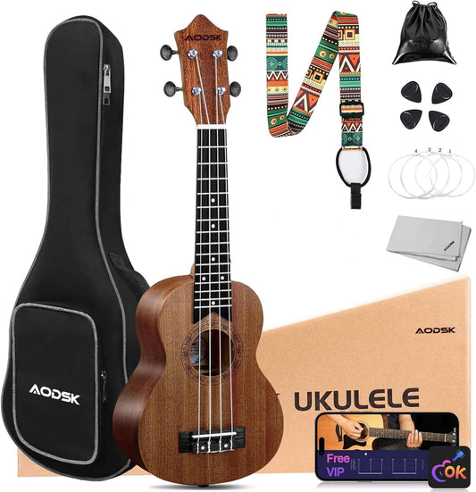 AODSK Soprano Ukulele for Beginner 21 Inch Ukelele Kit with Gig Bag Nylon String 4 Picks Cloth Online Lesson Holiday Gift
