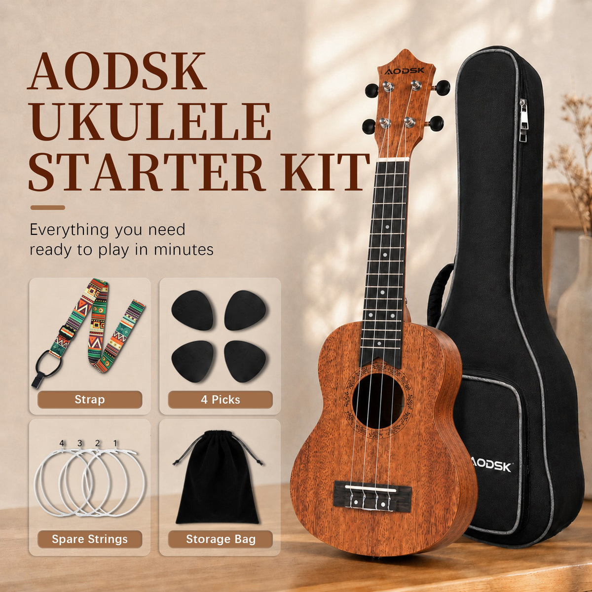 AODSK Soprano Ukulele for Beginner 21 Inch Matte Sapele Wood Beginner Kit with Bag & Accessories