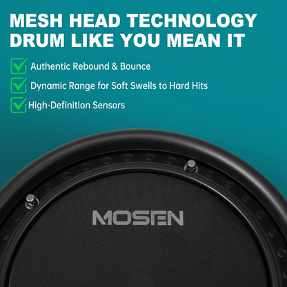 Mosen Electronic Drum Set, With Mesh Drumheads, Adjustable Cymbals, Accompanied By A Kick Drum, Featuring Over 260 Tones And 30 Preset Drum Kits