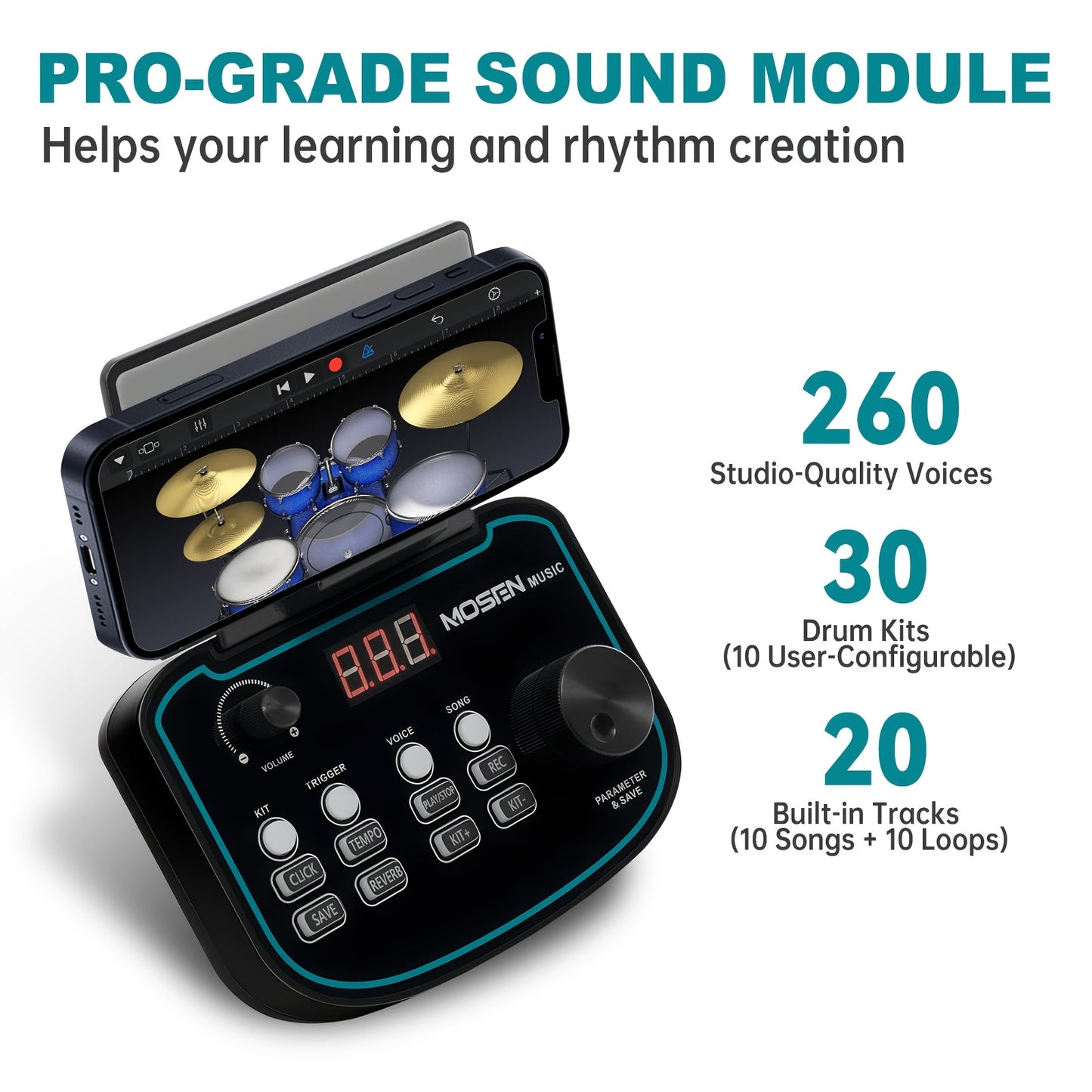 Mosen Electronic Drum Set, With Mesh Drumheads, Adjustable Cymbals, Accompanied By A Kick Drum, Featuring Over 260 Tones And 30 Preset Drum Kits