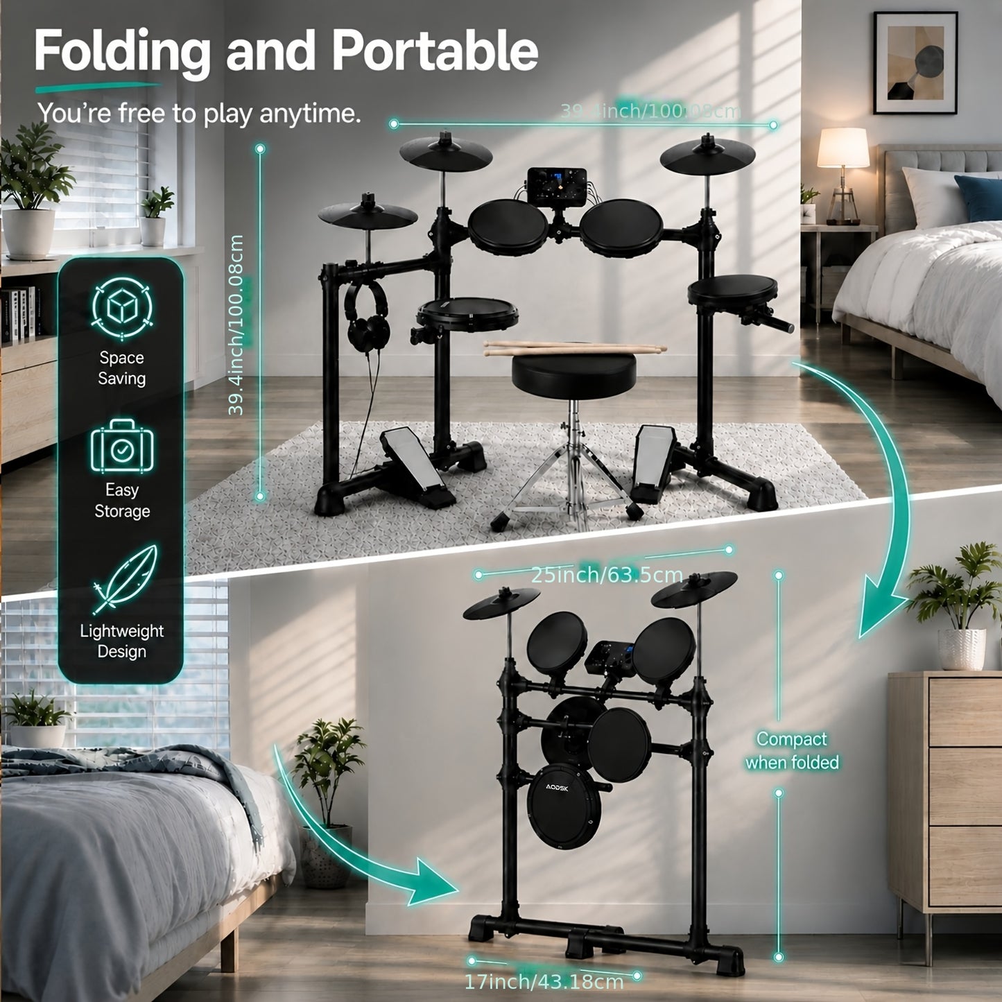 Electronic Drum Set For Beginners. It Has 150 Kinds Of Tones, 4 Silent Drum Pads, 2 Pedals And Comes With Accessories.
