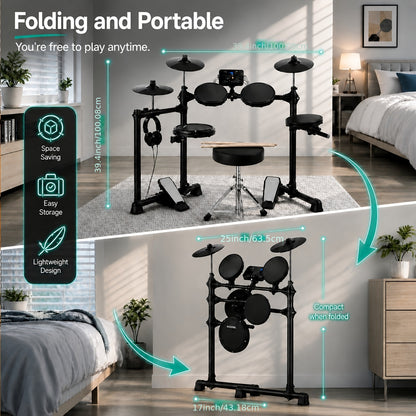 Electronic Drum Set For Beginners. It Has 150 Kinds Of Tones, 4 Silent Drum Pads, 2 Pedals And Comes With Accessories.