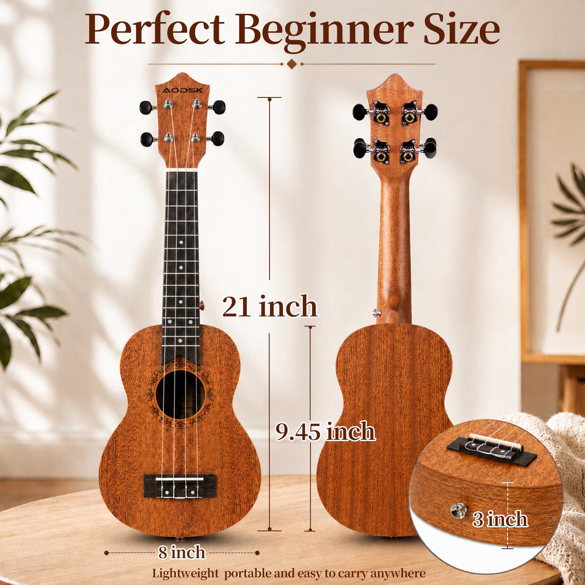AODSK Soprano Ukulele for Beginner 21 Inch Matte Sapele Wood Beginner Kit with Bag & Accessories