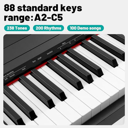 AODSK Weighted Piano 88-Key Beginner Digital Piano,Full Size Weighted keyboard with Hammer Action,238Tones,200 Rhythms,100 Demo Songs,with Sustain Pedal,Stereo Speakers,MP3 Function,Black, S-600