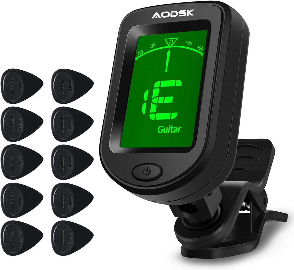 Aodsk夹式吉他调音器，适用于弦乐器，数字电子调音器，大尺寸清晰LCD显示屏，可旋转，适用于民谣吉他、尤克里里、贝斯、小提琴和十二平均律，附赠10枚吉他拨片