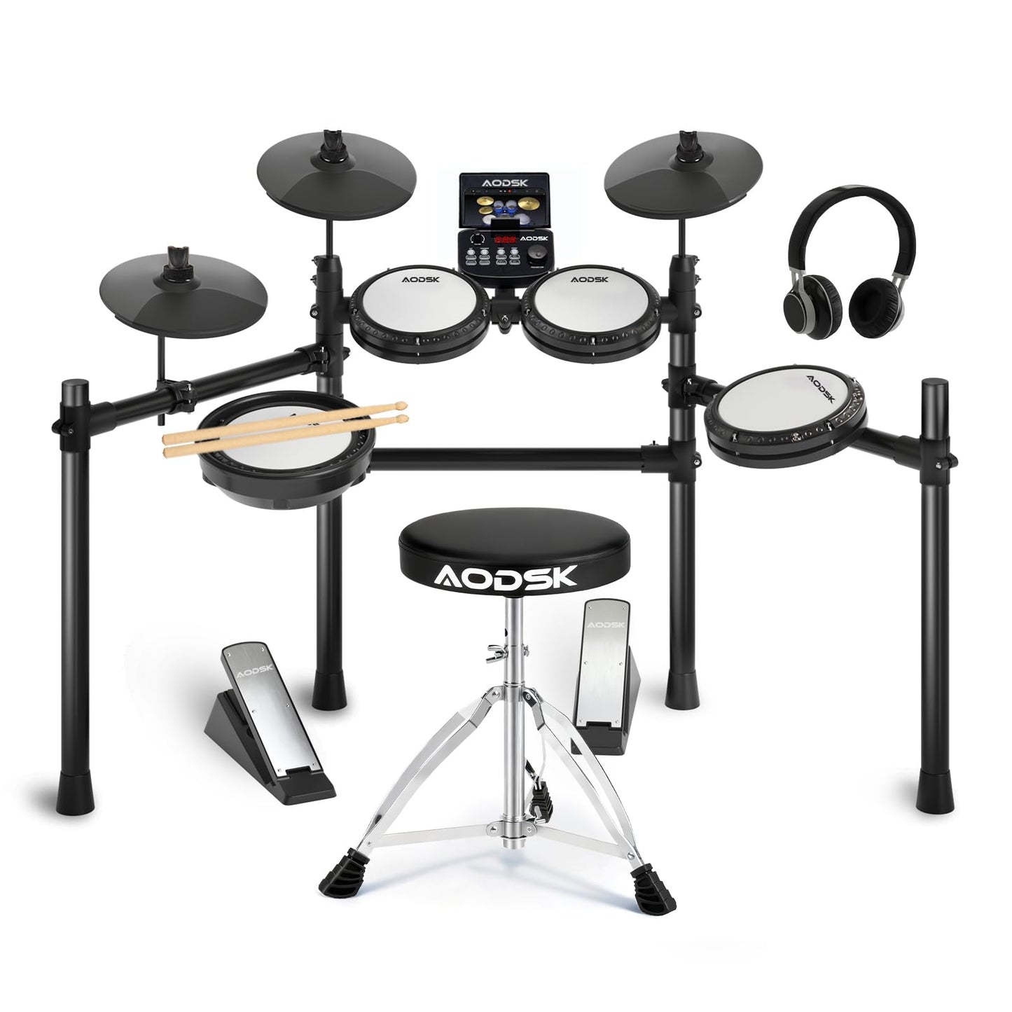 AODSK Electronic Drum Set, Professional Mesh Drum Pads, Upgraded Sound Module (260 sounds/30 Kits/20 Songs),Includes Sticks,Headphones,drum throne (2025 New Upgraded)