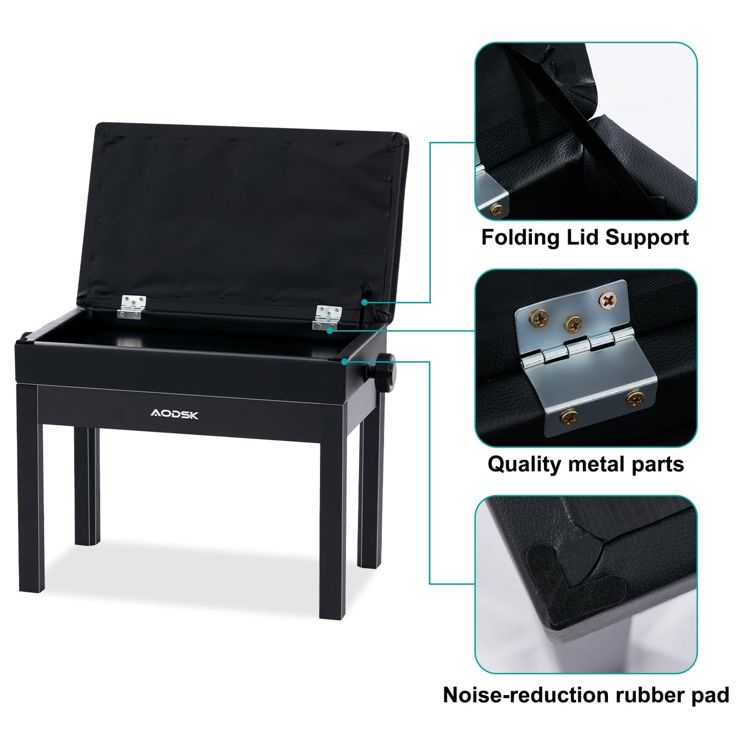 AODSK Adjustable Wooden Piano Bench with Padded Cushion and Storage with Sheet Music Storage Black 22.05''x13.39''x18.31''(Height Adjustable Range:18.31''-22.05'')