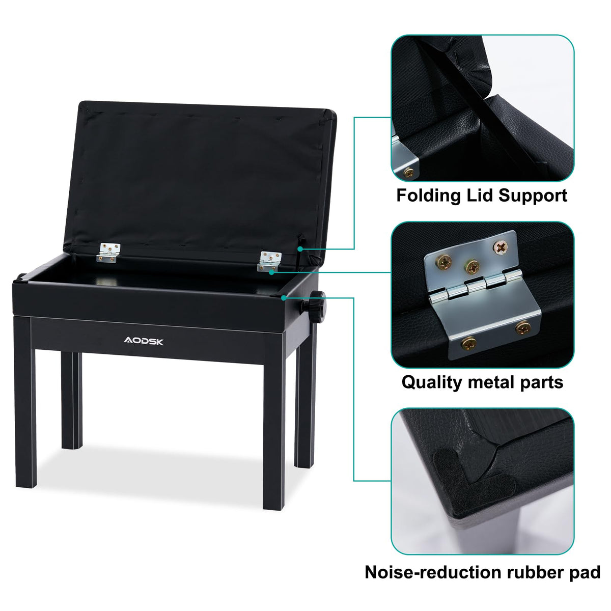 AODSK Adjustable Wooden Piano Bench with Padded Cushion and Storage with Sheet Music Storage Black 22.05''x13.39''x18.31''(Height Adjustable Range:18.31''-22.05'')