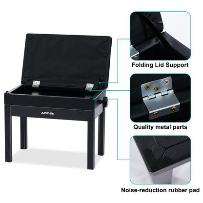 AODSK Adjustable Wooden Piano Bench with Padded Cushion and Storage with Sheet Music Storage Black 22.05''x13.39''x18.31''(Height Adjustable Range:18.31''-22.05'')