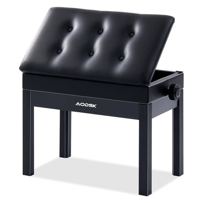 AODSK Adjustable Wooden Piano Bench with Padded Cushion and Storage with Sheet Music Storage Black 22.05''x13.39''x18.31''(Height Adjustable Range:18.31''-22.05'')