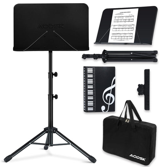 AODSK Sheet Music Stand,5 in 1 Dual-Use Folding Sheet Music Stand & Desktop Book Stand with Portable Carrying Bag & Music Sheet Clip Holder & Sheet Music Book(Black) (AS-M55)