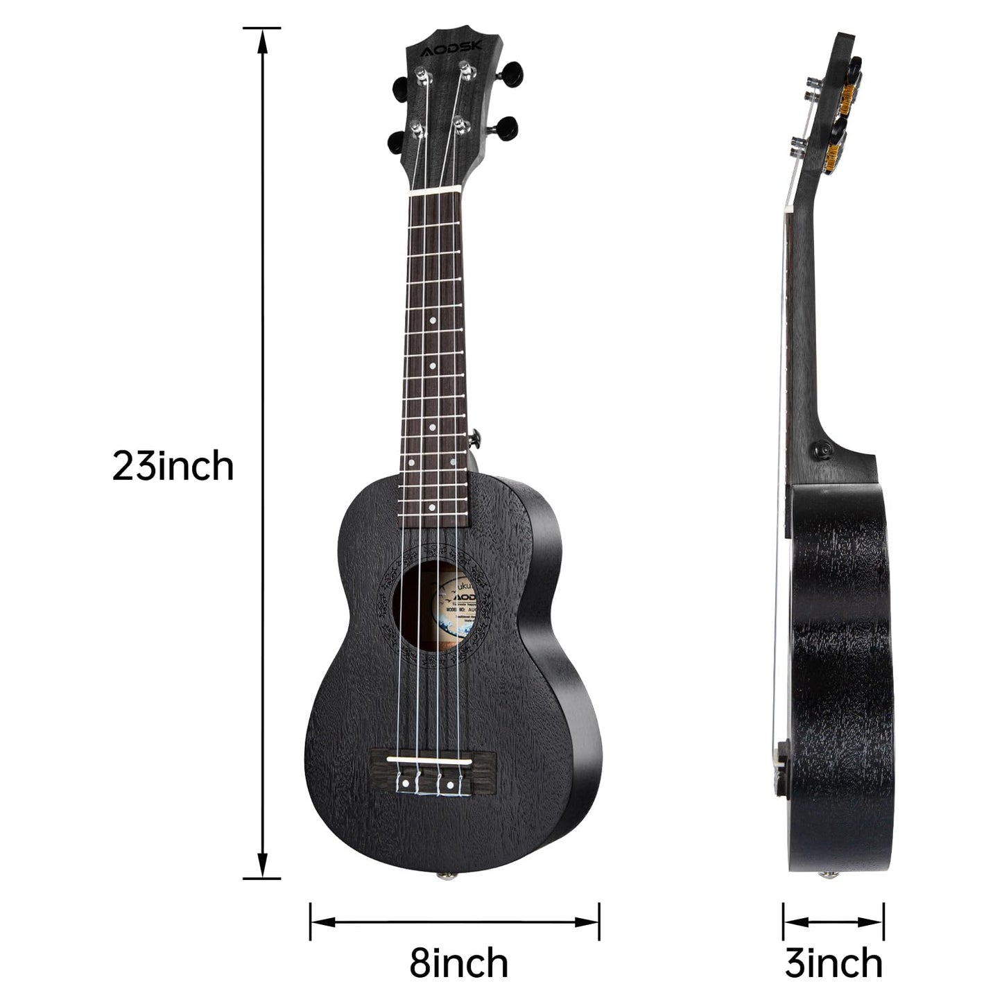 AODSK Soprano Black Ukulele for Beginner 21 Inch Ukelele with Gig Bag Strap Nylon String 4 Picks Holiday Gift