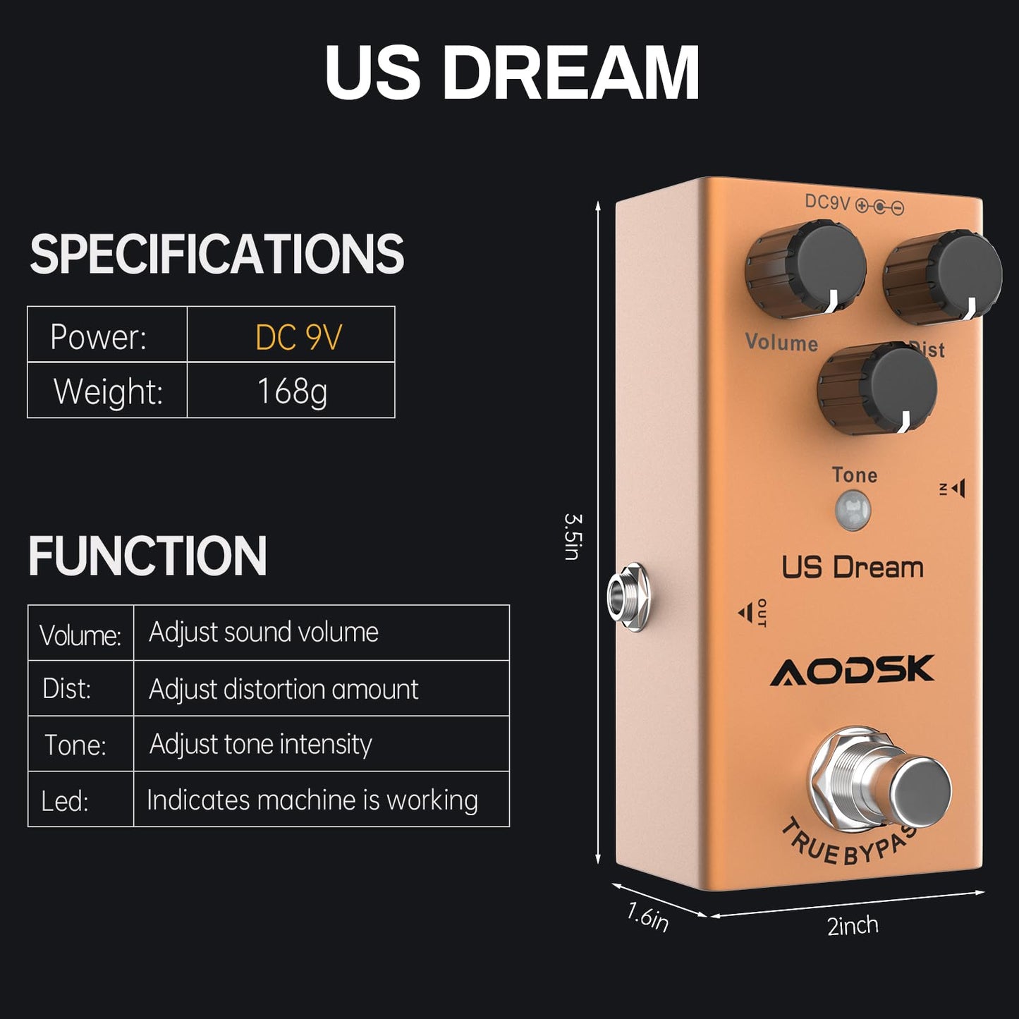 AODSK エレキギターエフェクトペダル、ストロングディストーション、トーン、ディスト、ボリューム、トゥルーバイパス、9V DC（US Dream）