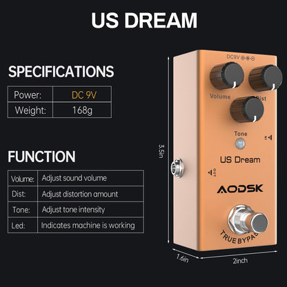AODSK エレキギターエフェクトペダル、ストロングディストーション、トーン、ディスト、ボリューム、トゥルーバイパス、9V DC（US Dream）