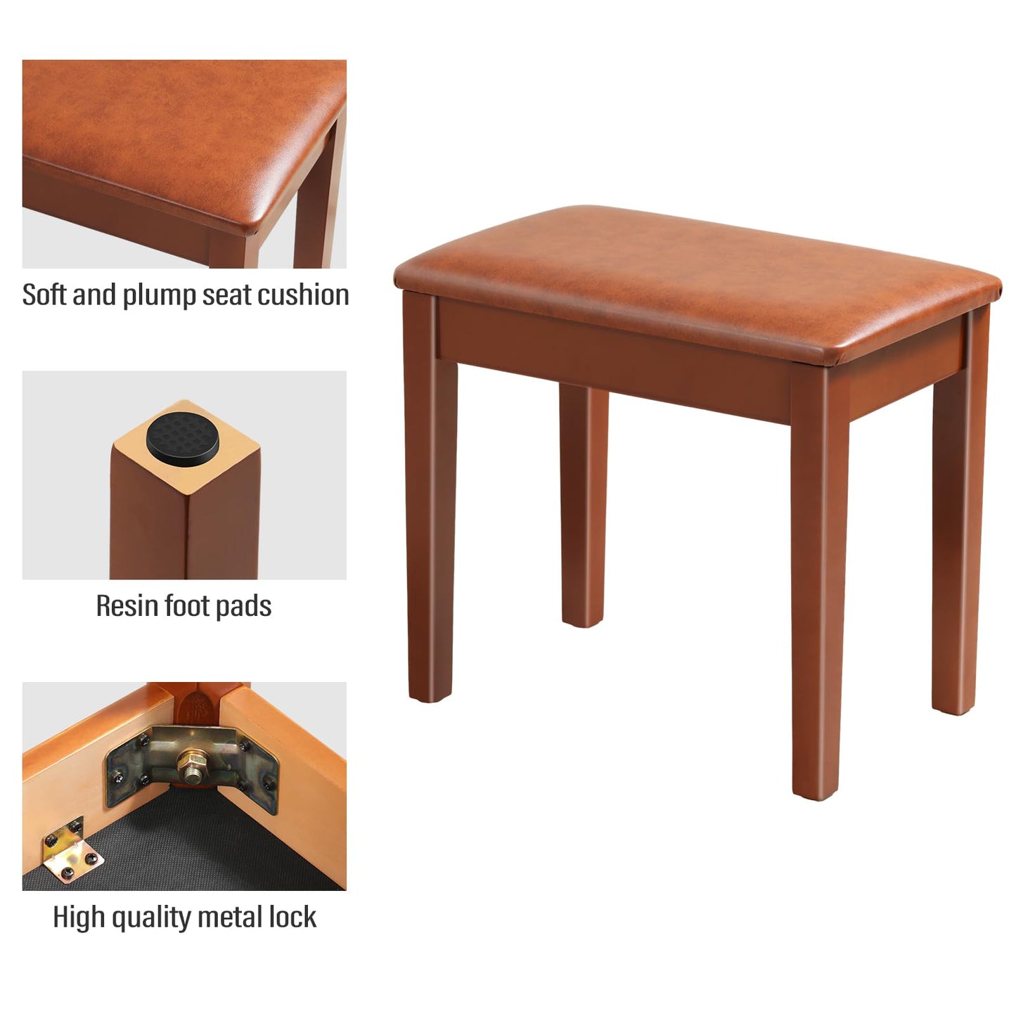 AODSK Piano Bench with Cushion,Solid Wood Keyboard Bench Piano Chair Piano Seat,Brown Piano Stool,13.21 x 21 x 18.2 Inches