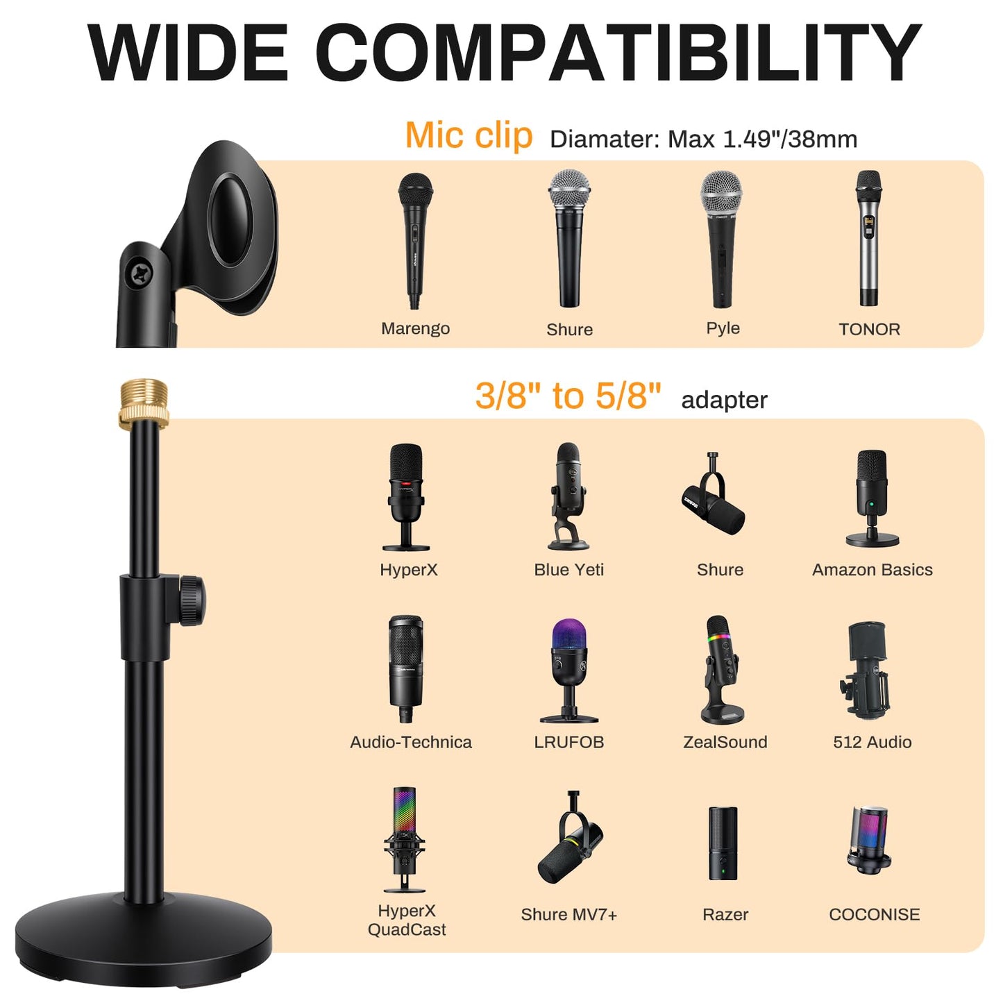 AODSK Desktop Microphone Stand, Height-Adjustable, Compatible with Multiple Microphone Sizes, Non-Slip Stable Base(AS-DMS1)