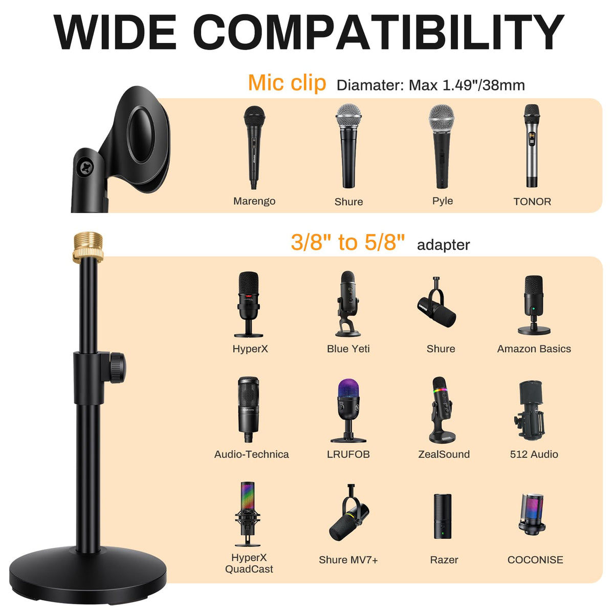 AODSK Desktop Microphone Stand, Height-Adjustable, Compatible with Multiple Microphone Sizes, Non-Slip Stable Base(AS-DMS1)