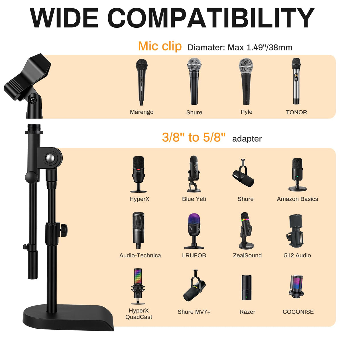 AODSK Desktop Microphone Stand, Height-Adjustable, Includes microphone clip and 5/8-inch male to 3/8-inch female screw connector, Non-Slip Stable Base(AS-DMS2)