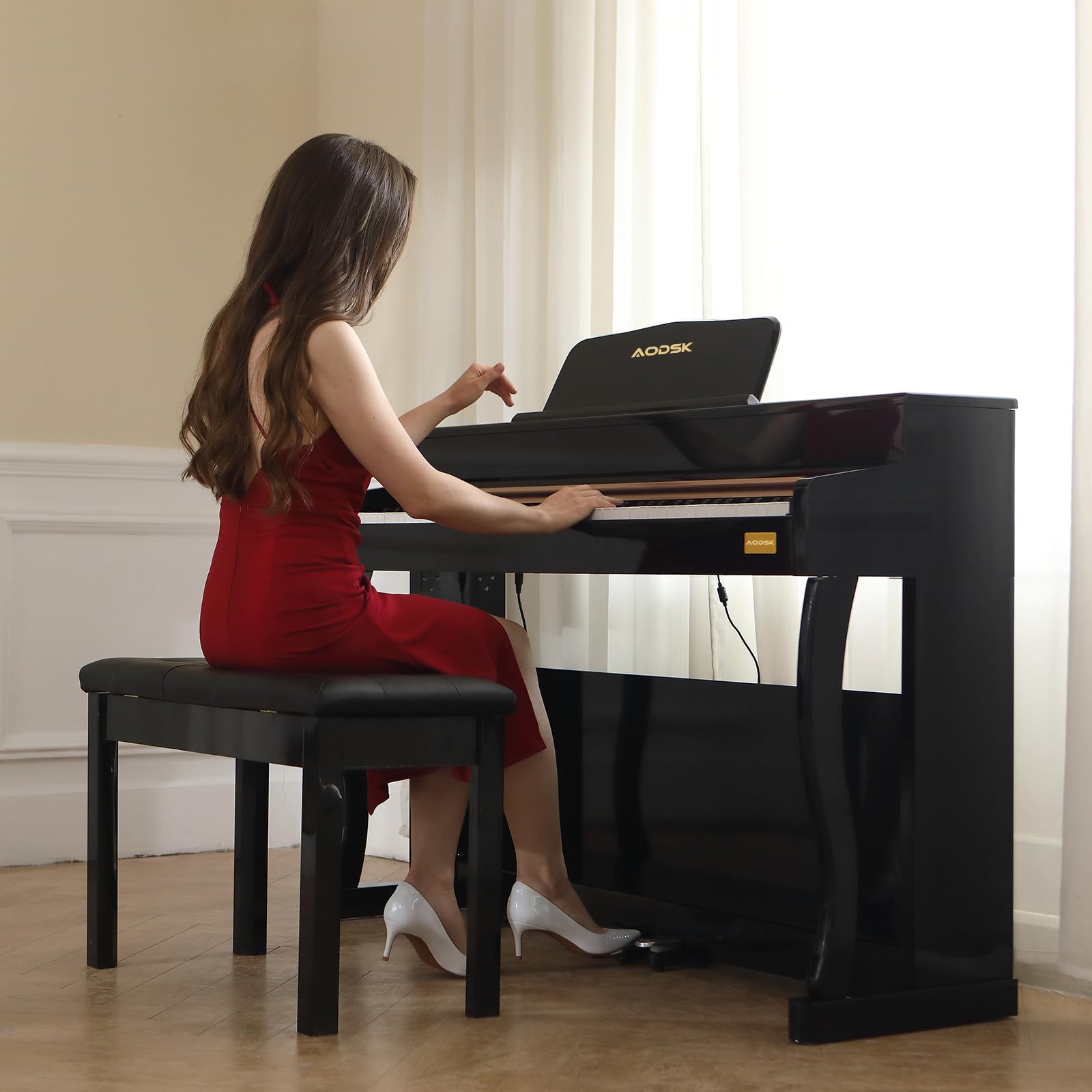 AODSK Wooden Duet Piano Bench with Padded Cushion and Storage Compartm