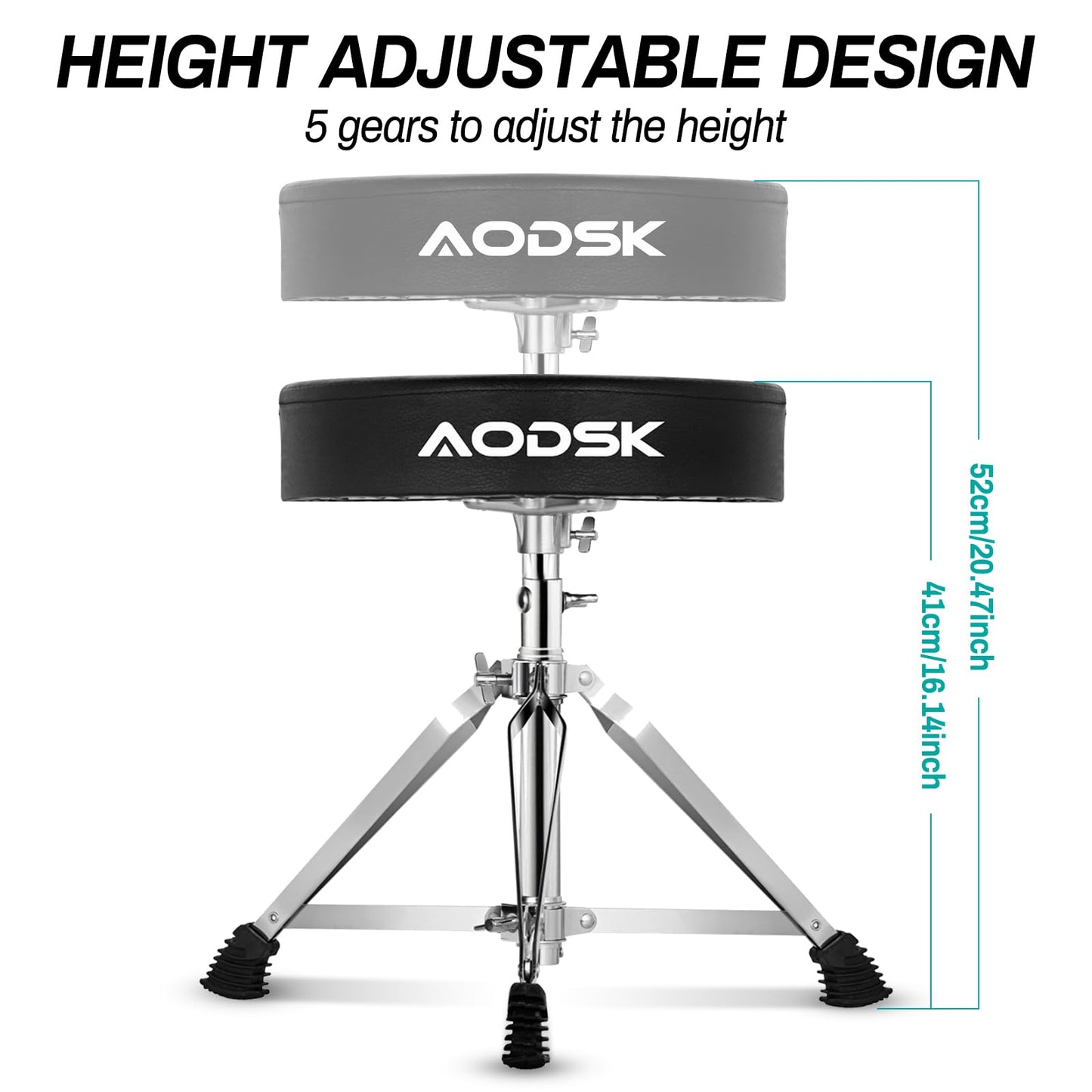 AODSK ドラムスローン、幅広で厚みのあるパッド付き調節可能ドラムスツール、高さ調節範囲：16.34インチ～20.67インチ、子供、大人ドラマー向け（DP-27）
