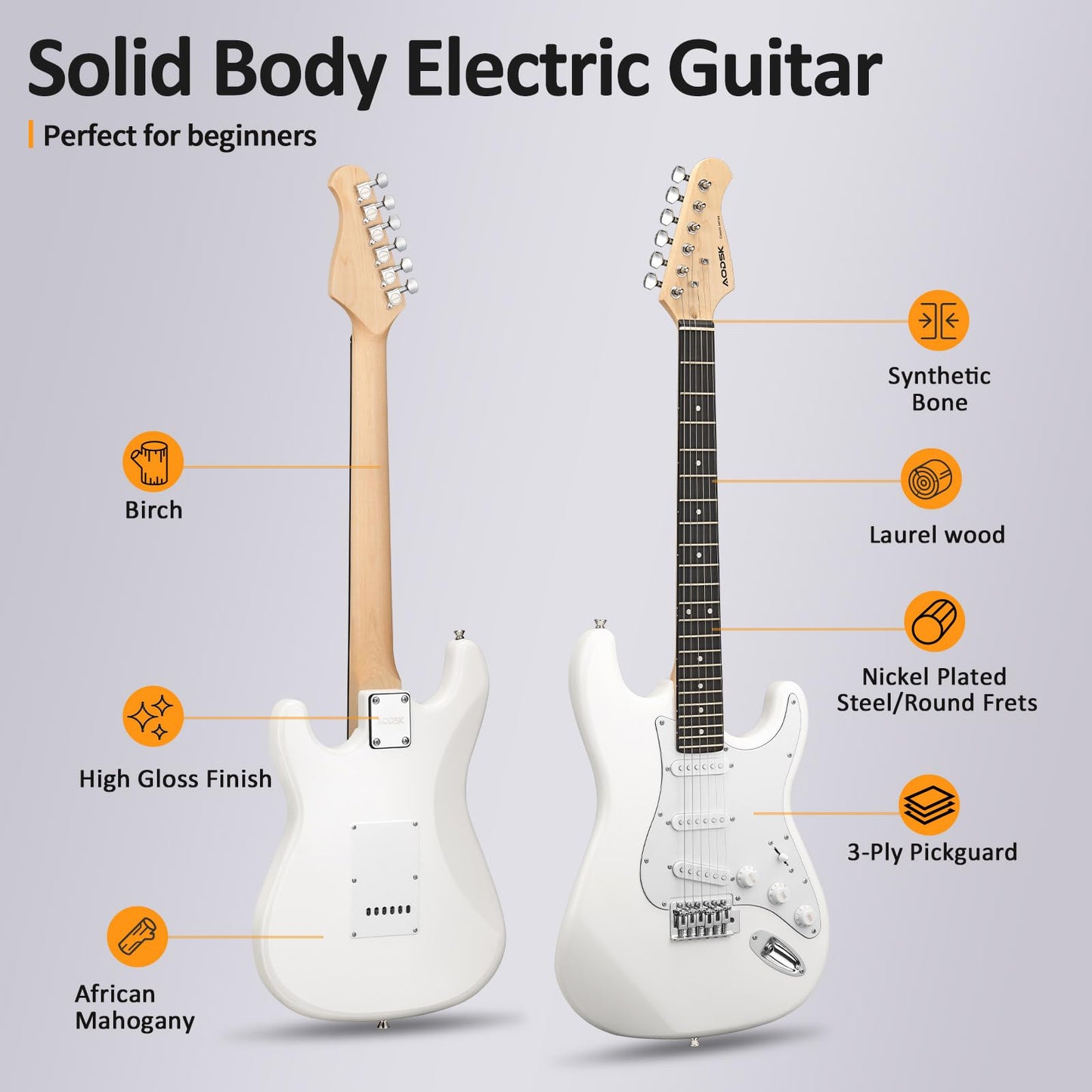 AODSK Electric Guitar for Beginners – 39" White SSS | Bright Clean Tone Electric Guitar Kit with Amp & Full Accessories