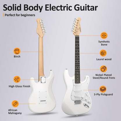 AODSK Electric Guitar for Beginners – 39" White SSS | Bright Clean Tone Electric Guitar Kit with Amp & Full Accessories
