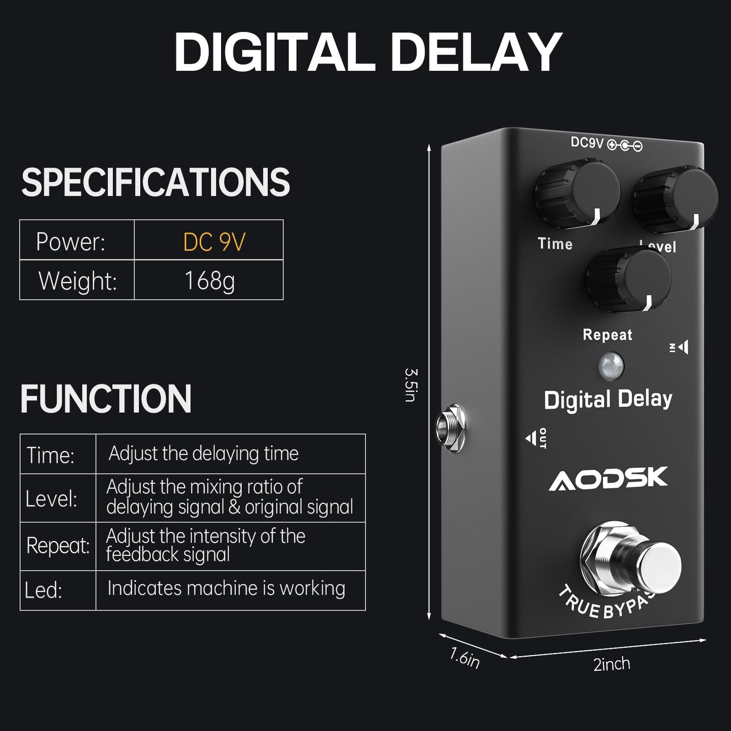 AODSK エレキギターエフェクトペダル、デジタルディレイ、タイム、レベル、リピート、トゥルーバイパス、9V DC