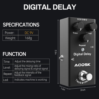 AODSK エレキギターエフェクトペダル、デジタルディレイ、タイム、レベル、リピート、トゥルーバイパス、9V DC