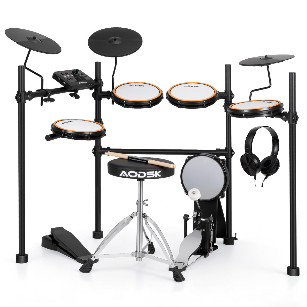 AODSK静音网面电子鼓套装，适合初学者，带USB MIDI、鼓凳、耳机、鼓槌，内置40套鼓和450种音色